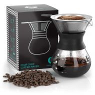 Pour Over Coffee Dripper - Coffee Gator Paperless Pour Over Coffee Maker - Stainless Steel Filter and BPA-Free Glass Carafe - Flavor Unlocking Hand Drip Brewer - 10.5oz - Black
