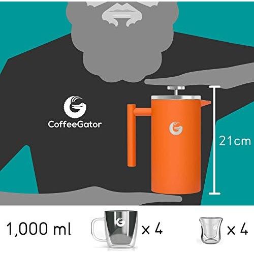  Coffee Gator French Press Kaffeemaschine  Heisser-fuer-langer Thermobrueher mit weniger Ablagerungen  Plus Behalter  Grosses Fassungsvermoegen, doppelwandig isoliert  Edelstahl  1