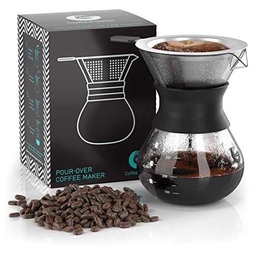  Coffee Gator Pour Over Coffee Maker - 10.5 oz Paperless, Portable, Drip Coffee Brewer Pour Over Set w/ Glass Carafe & Stainless-Steel Mesh Filter, Black
