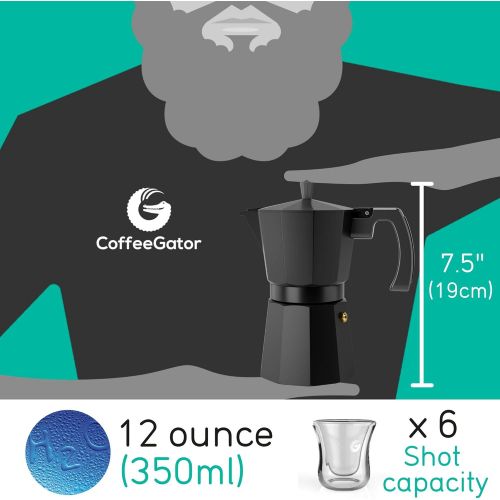  Coffee Gator Moka Pot - 350ml, 6 Cup, Aluminium Espresso Maker - Hob & Stove Top Perculator w/ 2 Stainless-Steel Cups ? Matte Black