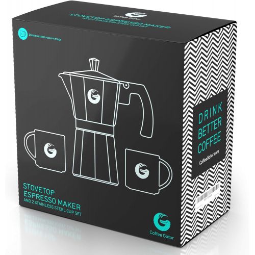  Coffee Gator Moka Pot - 350ml, 6 Cup, Aluminium Espresso Maker - Hob & Stove Top Perculator w/ 2 Stainless-Steel Cups ? Matte Black