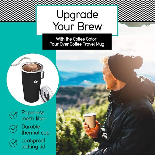 Pour Over Coffee Travel Mug - Coffee Gator all-in-one Travel Coffee Maker and Thermal Cup - Vacuum Insulated Stainless Steel Cup with Paperless Filter Dripper - 20oz - Gray