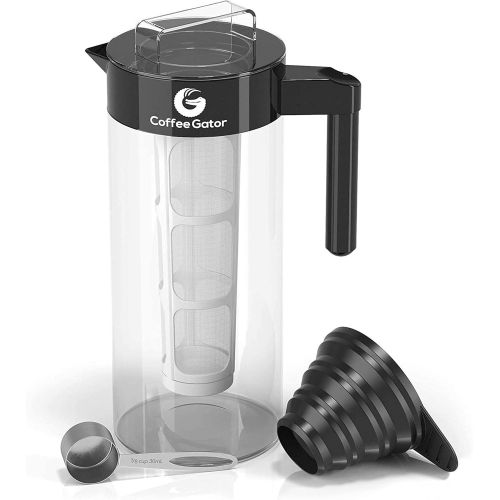  Cold Brew Coffee Maker - Coffee Gator Brewing Kit with Stainless Steel Measuring Scoop and Collapsible Loading Funnel - BPA-Free Filter and Glass Carafe - Black - 47oz