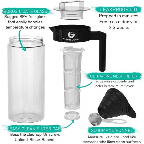  Cold Brew Coffee Maker - Coffee Gator Brewing Kit with Stainless Steel Measuring Scoop and Collapsible Loading Funnel - BPA-Free Filter and Glass Carafe - Black - 47oz