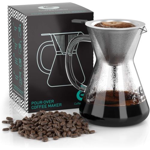  Pour Over Coffee Maker - Great Coffee Made Simple - 3 Cup Hand Drip Coffee Maker With Stainless Steel Filter - No Paper Filters Needed - By Coffee Gator