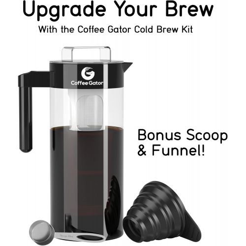  [아마존베스트]Cold Brew Coffee Maker - Coffee Gator Brewing Kit with Stainless Steel Measuring Scoop and Collapsible Loading Funnel - BPA-Free Filter and Glass Carafe - Black - 47oz