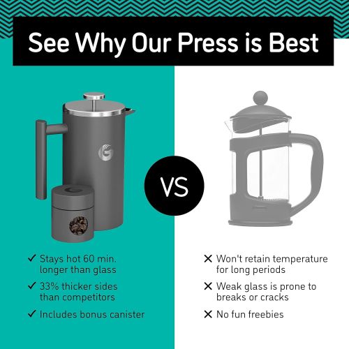  [아마존베스트]Coffee Gator French Press Coffee Maker- Insulated, Stainless Steel Manual Coffee Makers For Home, Camping w/ Travel Canister- Presses 4 Cup Serving- Large, Gray