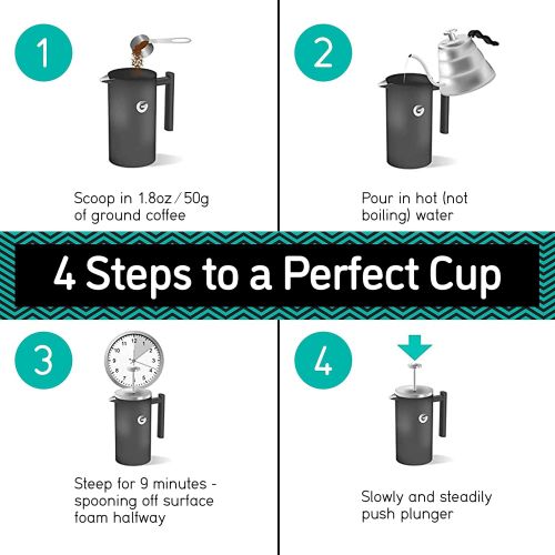  [아마존베스트]Coffee Gator French Press Coffee Maker- Insulated, Stainless Steel Manual Coffee Makers For Home, Camping w/ Travel Canister- Presses 4 Cup Serving- Large, Gray