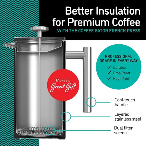  [아마존베스트]Coffee Gator French Press Coffee Maker- Insulated, Stainless Steel Manual Coffee Makers For Home, Camping w/ Travel Canister- Presses 4 Cup Serving- Large, Gray