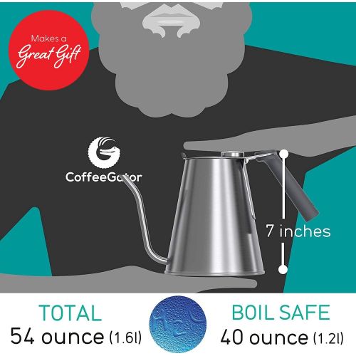  Coffee Gator Gooseneck Kettle with Thermometer - 52 oz Pour Over Coffee Kettle for All Stovetops w/ Precision Drip Spout