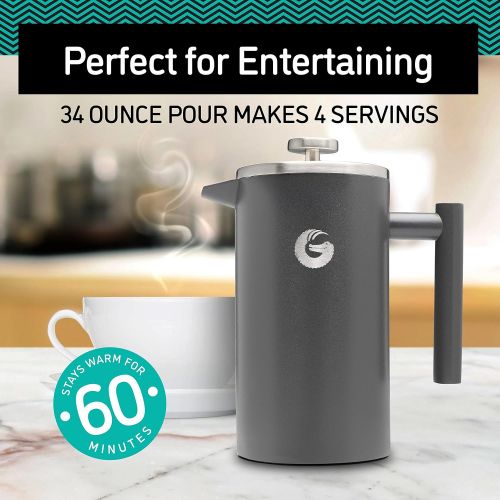  Coffee Gator French Press Coffee Maker- Insulated, Stainless Steel Manual Coffee Makers For Home, Camping w/ Travel Canister- Presses 4 Cup Serving- Large, Gray (34 fl oz)