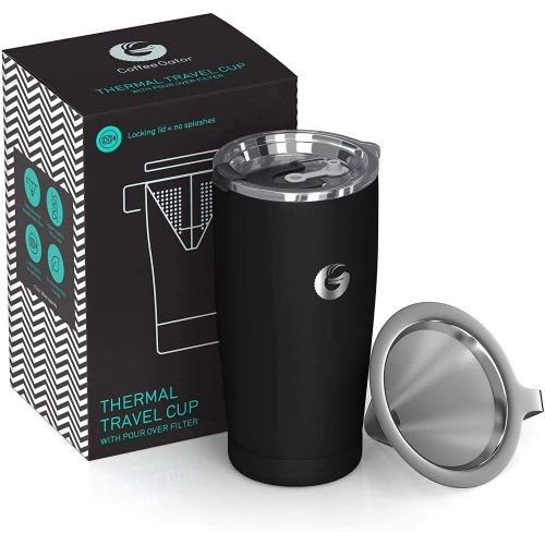  Coffee Gator Coffee Travel Mug - 20 oz Stainless-Steel, Vacuum Insulated Tea and Coffee Tumbler for Women and Men with Leakproof Lid & Paperless Dripper, Black