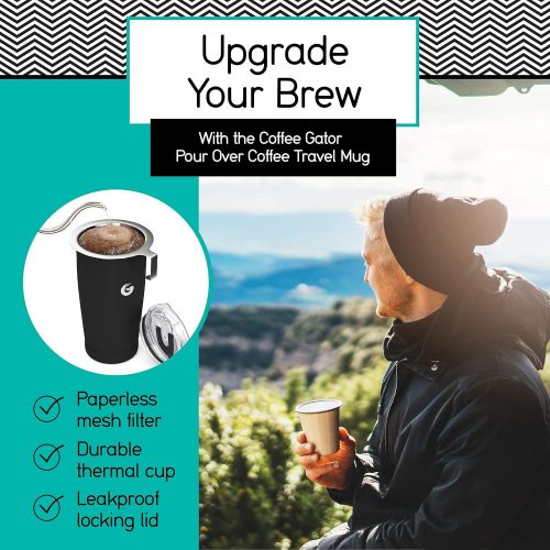  Coffee Gator Coffee Travel Mug - 20 oz Stainless-Steel, Vacuum Insulated Tea and Coffee Tumbler for Women and Men with Leakproof Lid & Paperless Dripper, Black