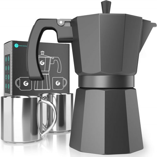  Coffee Gator Moka Pot - 6 Cup, Stovetop Espresso Maker - Classic Italian and Cuban Coffee Percolator w/ 2 Stainless-Steel Cups ? Matte Black, Aluminum