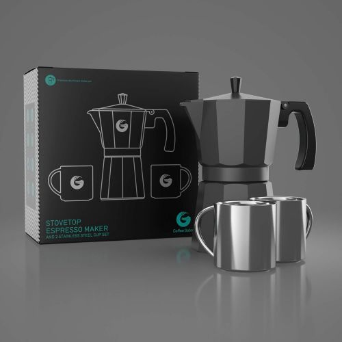  Coffee Gator Moka Pot - 6 Cup, Stovetop Espresso Maker - Classic Italian and Cuban Coffee Percolator w/ 2 Stainless-Steel Cups ? Matte Black, Aluminum