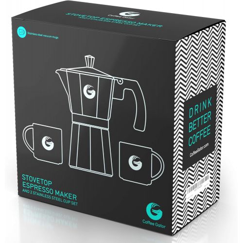  Coffee Gator Moka Pot - 6 Cup, Stovetop Espresso Maker - Classic Italian and Cuban Coffee Percolator w/ 2 Stainless-Steel Cups ? Matte Black, Aluminum