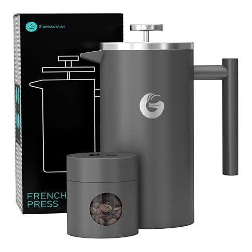  [아마존베스트]Coffee Gator French Press Coffee Maker- Insulated, Stainless Steel Manual Coffee Makers For Home, Camping w/ Travel Canister- Presses 4 Cup Serving- Large, Gray