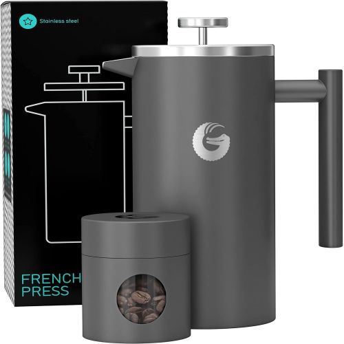  [아마존베스트]Coffee Gator French Press Coffee Maker- Insulated, Stainless Steel Manual Coffee Makers For Home, Camping w/ Travel Canister- Presses 4 Cup Serving- Large, Gray