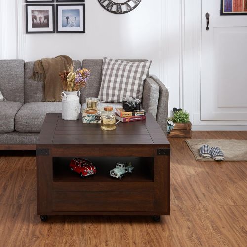  Coffee table ioHOMES Clyde Industrial 1-Drawer Square Coffee Table with 1 Open Shelf, Magazine Rack and Caster Wheels, 31, Vintage Walnut