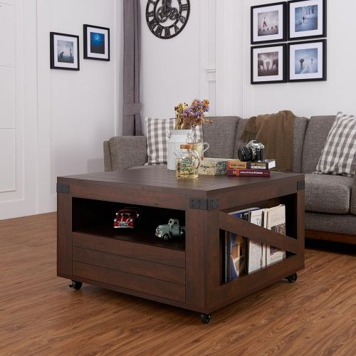  Coffee table ioHOMES Clyde Industrial 1-Drawer Square Coffee Table with 1 Open Shelf, Magazine Rack and Caster Wheels, 31, Vintage Walnut