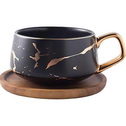  [아마존베스트]Coffeezone 10.5 Oz Matte Ceramic Marble Tea Coffee/Tea Cups with Wood Saucers Luxury Gold Inlay (Black, Cup & Saucer)