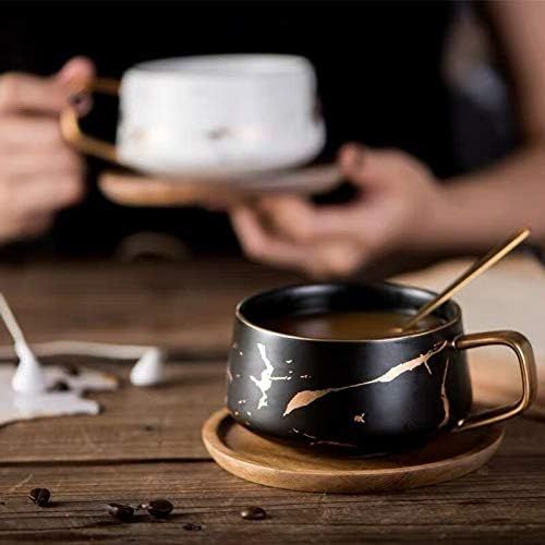  [아마존베스트]Coffeezone 10.5 Oz Matte Ceramic Marble Tea Coffee/Tea Cups with Wood Saucers Luxury Gold Inlay (Black, Cup & Saucer)