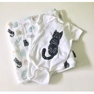 Coin and Coins Cat Baby Onesie + Cat Swaddle Blanket Set (Newborn)