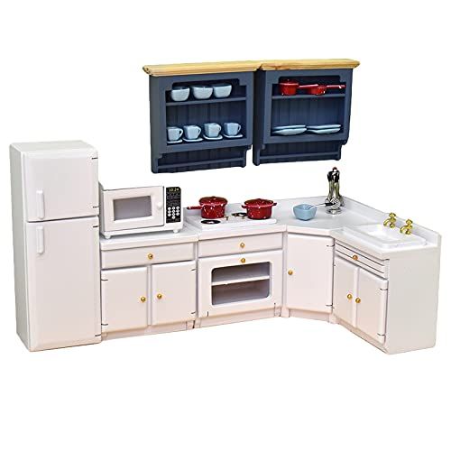  Colcolo 1:12 Scale Miniature Dollhouse Furniture Kitchen Set White Kitchen Cabinets Counter Model with Accessories Doll House Life Scenes Decor Oeanment