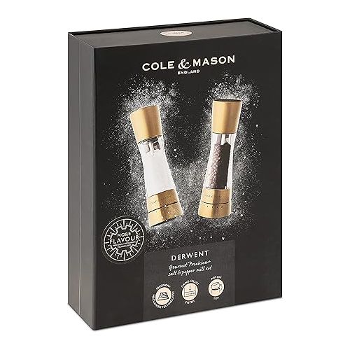  Cole & Mason H332017 Derwent Gold Salt and Pepper Mills | Gourmet Precision+ | Stainless Steel/Acrylic | 190mm | Gift Set | Includes 2 x Salt and Pepper Grinders | Lifetime Mechanism Guarantee