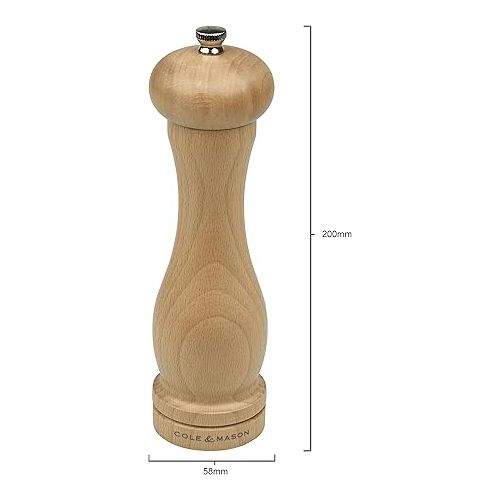  Cole & Mason HA0824P Beech Capstan A8 Pepper Mill, Precision+ Wooden, Beech Wood, 200mm, Single, Includes 1 x Pepper Grinder, Lifetime Mechanism Guarantee