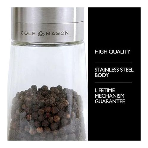  COLE & MASON Clifton Top Grinding Salt and Pepper Grinder Gift Set - Mills Include Precision Mechanisms and Premium Sea Salt and Peppercorns, Stainless Steel and Glass