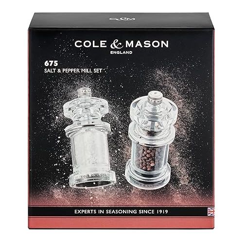  Cole & Mason 675 Salt and Pepper Mill Set, Precision+/Ceramic Mechanisms, Adjustable Salt and Pepper Grinders, Acrylic, 118mm, Cooking/Seasoning, Lifetime Mechanism Guarantee, H233077