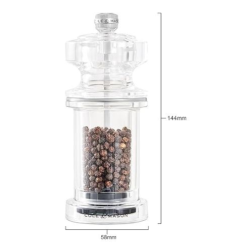  Cole & Mason 605 Salt and Pepper Mill Set, Precision+/Ceramic Mechanisms, Adjustable Salt and Pepper Grinders, Acrylic, 144mm, Cooking/Seasoning, Lifetime Mechanism Guarantee, H233074