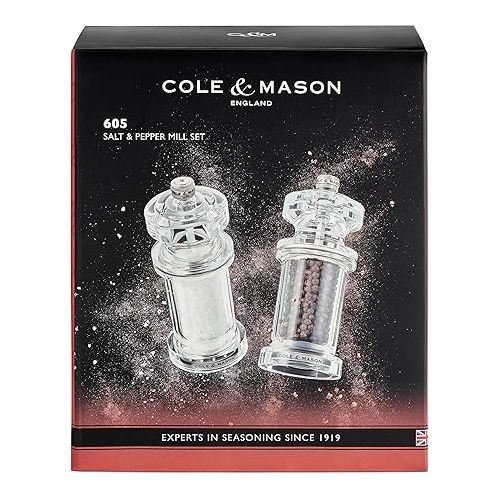  Cole & Mason 605 Salt and Pepper Mill Set, Precision+/Ceramic Mechanisms, Adjustable Salt and Pepper Grinders, Acrylic, 144mm, Cooking/Seasoning, Lifetime Mechanism Guarantee, H233074