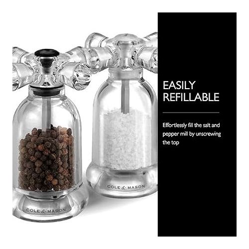  COLE & MASON Tap Salt and Pepper Grinder Set - Acrylic Mills Include Precision Mechanisms and Premium Sea Salt and Peppercorns