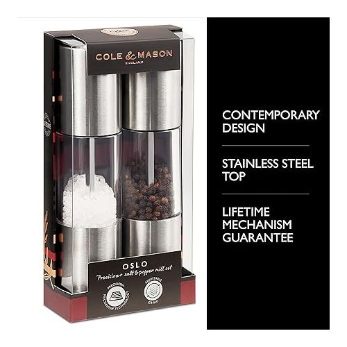  Cole & Mason H56390P Oslo Salt and Pepper Mills, Precision+, Stainless Steel/Acrylic, 185 mm, Gift Set, Includes 1 Salt and 1 Pepper Grinders