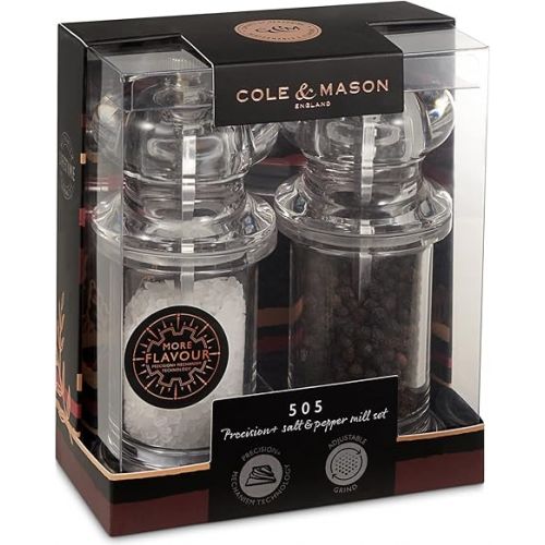  Cole & Mason H50518P 505 Clear Salt and Pepper Mills, Precision+, Acrylic, 140 mm, Gift Set, Includes 2 x Salt and Pepper Grinders