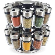 Cole & Mason H121809 Cambridge 20 Glass Spice Jars with Lids, Spice Organiser/Rotating Spice Rack/Spice Storage, Stainless Steel, Spice Jars with Labels, Includes Spices