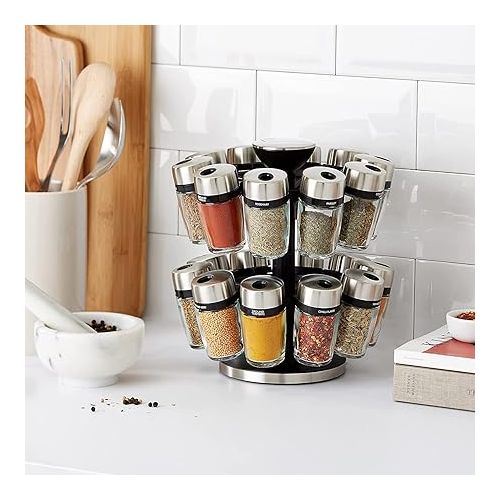  Cole & Mason H121809 Cambridge 20 Glass Spice Jars with Lids, Spice Organiser/Rotating Spice Rack/Spice Storage, Stainless Steel, Spice Jars with Labels, Includes Spices