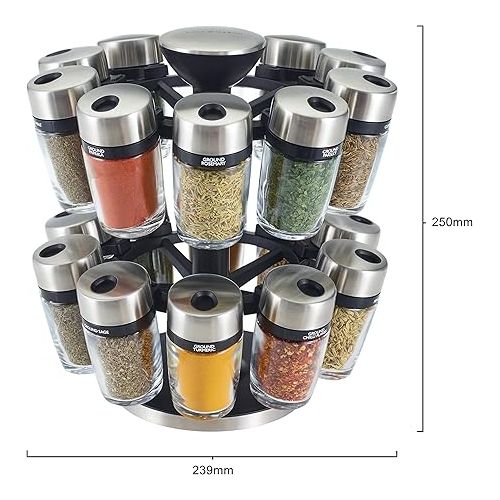  Cole & Mason H121809 Cambridge 20 Glass Spice Jars with Lids, Spice Organiser/Rotating Spice Rack/Spice Storage, Stainless Steel, Spice Jars with Labels, Includes Spices