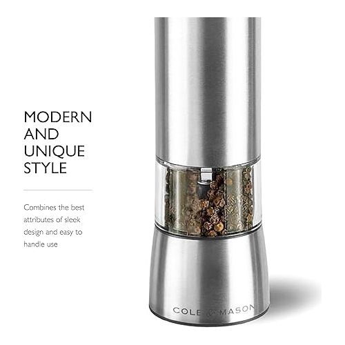  Cole & Mason Hampstead Electronic Pepper Mill - Electric Pepper Grinder Set - Adjustable Electric Spice Grinder - Kitchen Tool & Gadget - Hand Wash - Stainless Steel