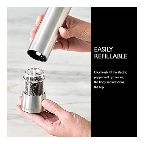  Cole & Mason Hampstead Electronic Pepper Mill - Electric Pepper Grinder Set - Adjustable Electric Spice Grinder - Kitchen Tool & Gadget - Hand Wash - Stainless Steel