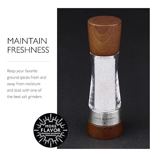  Cole & Mason Derwent Salt Mill - Gourmet Precision Salt Grinder - Refillable Seasoning and Spice Tools - Adjustable Seat, Himalayan and Kosher Salt Grinder Settings - Forest Wood