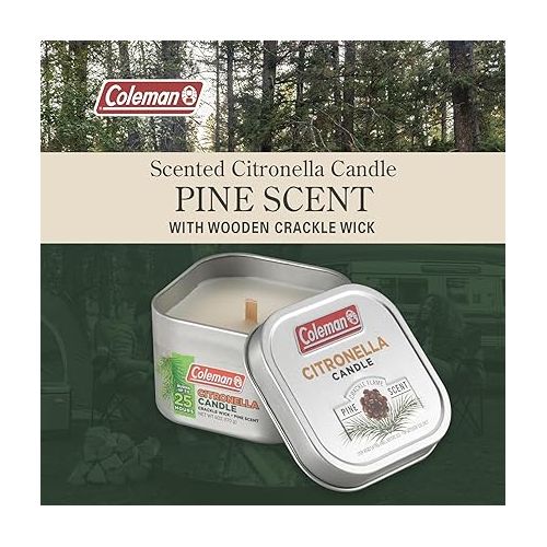 콜맨 Coleman Pine Scented Citronella Candle with Wooden Crackle Wick - 6 oz Tin