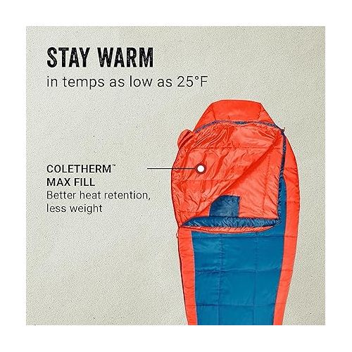 콜맨 Coleman Kompact Mummy Sleeping Bag, 25 Degrees Indoor/Outdoor Lightweight Sleeping Bag for Adults, Sleeping Bag for Camping, Hiking, Backpacking with Included Compression Sack, Spider Mum/Tiger Lily