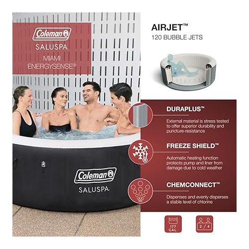 콜맨 Bestway Coleman Miami AirJet Large Round 2 to 4 Person Inflatable Hot Tub Portable Outdoor Spa with 120 AirJets and EnergySense Cover, Black