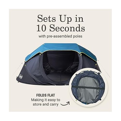 콜맨 Coleman Pop-Up Camping Tent with Dark Room Technology, 2/4 Person Tent Sets Up in 10 Seconds & Blocks 90% of Sunlight, Includes Pre-Assembled Poles, Adjustable Rainfly, & Taped Floor Seams