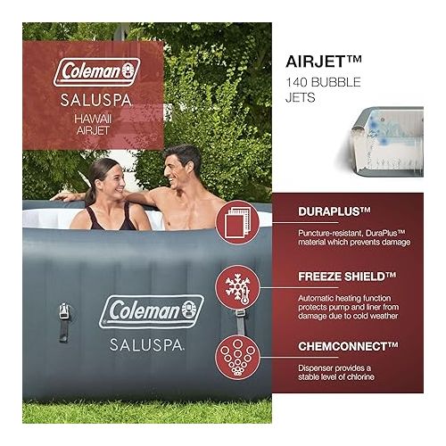 콜맨 Coleman SaluSpa AirJet 4 to 6 Person Inflatable Hot Tub Square Portable Outdoor Spa with 114 Soothing AirJets and Insulated Cover, Gray