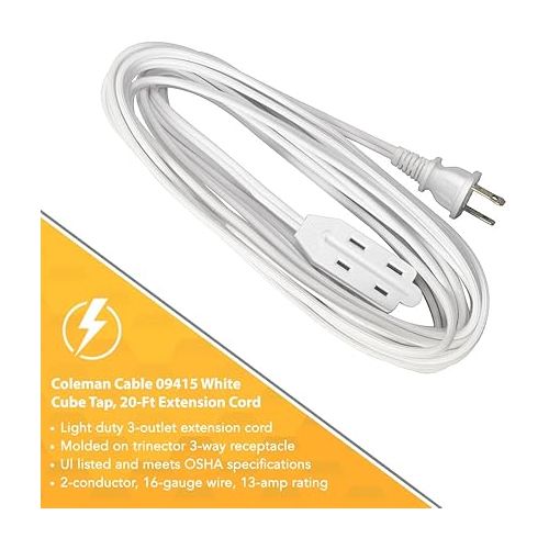 콜맨 94158901 Indoor Extension Cord With 2 Power Outlets; 20-ft; White