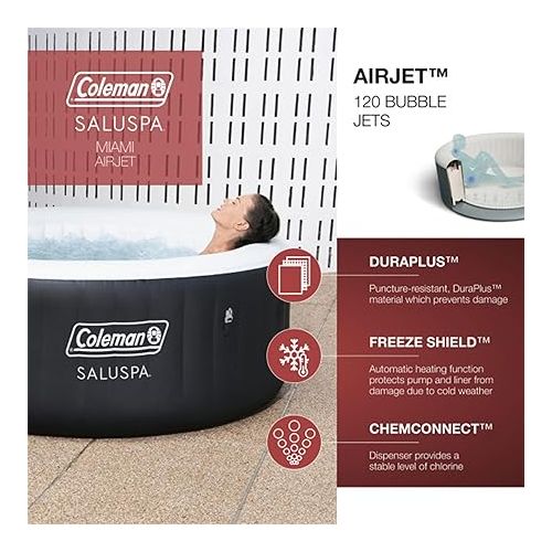 콜맨 Coleman SaluSpa AirJet 2 to 4 Person Round Inflatable Hot Tub Portable Outdoor Spa with 60 Soothing AirJets and Insulated Cover, Black